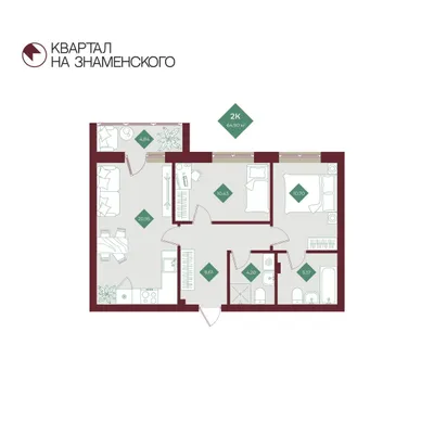 План 2-комнатная • 64,9 м² • 16 этаж