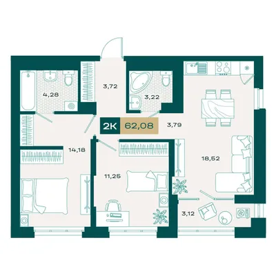 План 2-комнатная • 61,61 м² • 2 этаж