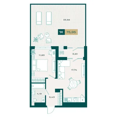 План 1-комнатная • 76,84 м² • 2 этаж