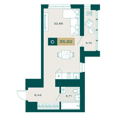 План Студия • 34,83 м² • 10 этаж