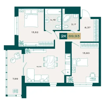 План 2-комнатная • 68,59 м² • 11 этаж