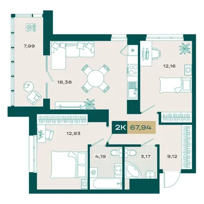 План 2-комнатная • 66,6 м² • 12 этаж