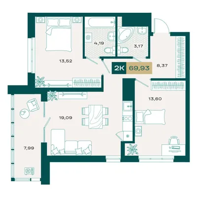 План 2-комнатная • 68,59 м² • 13 этаж