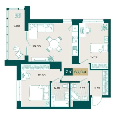 План 2-комнатная • 66,6 м² • 13 этаж