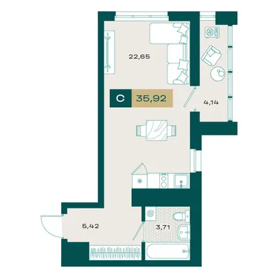 План Студия • 34,99 м² • 15 этаж