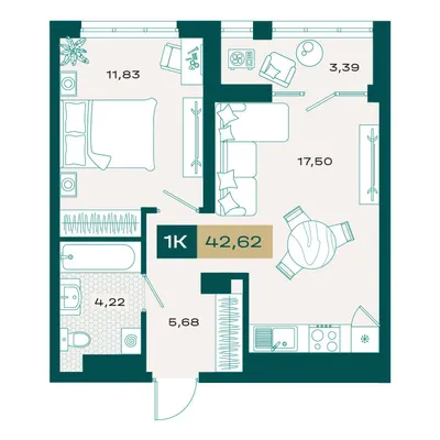 План 1-комнатная • 41,79 м² • 16 этаж
