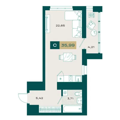 План Студия • 34,99 м² • 17 этаж