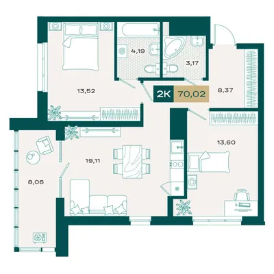План 2-комнатная • 68,59 м² • 17 этаж