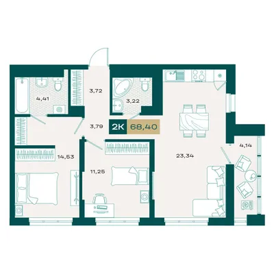 План 2-комнатная • 67,44 м² • 18 этаж