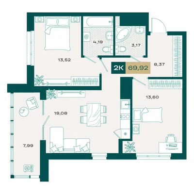 План 2-комнатная • 68,63 м² • 19 этаж