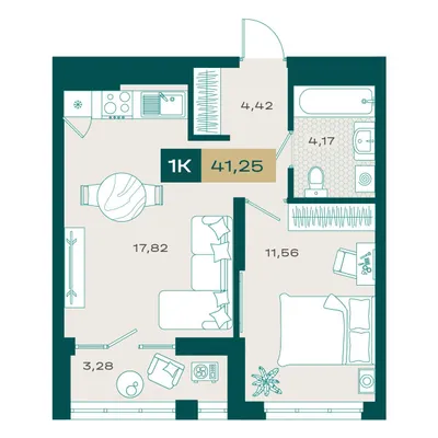 План 1-комнатная • 40,48 м² • 23 этаж