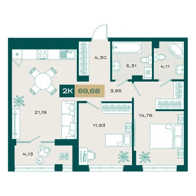 План 2-комнатная • 68,68 м² • 2 этаж
