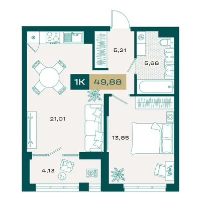 План 1-комнатная • 48,92 м² • 2 этаж