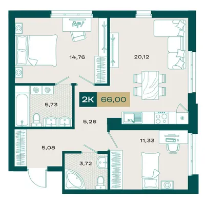 План 2-комнатная • 65,89 м² • 12 этаж