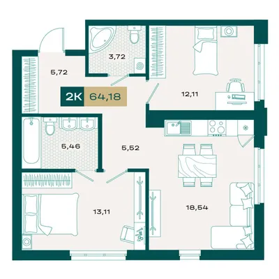 План 2-комнатная • 64,09 м² • 12 этаж