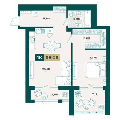 План 1-комнатная • 66,88 м² • 12 этаж