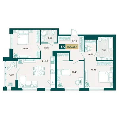 План 3-комнатная • 98,66 м² • 12 этаж