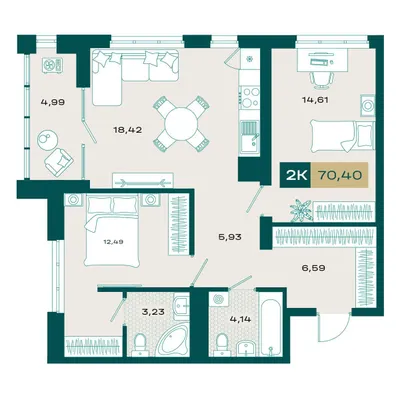 План 2-комнатная • 68,75 м² • 12 этаж