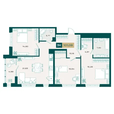 План 3-комнатная • 99,95 м² • 13 этаж