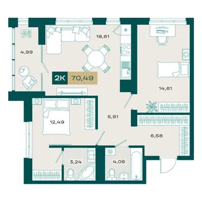 План 2-комнатная • 69,3 м² • 13 этаж