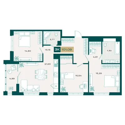 План 3-комнатная • 99,95 м² • 14 этаж