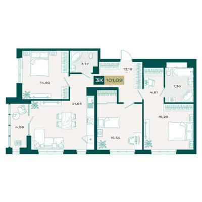 План 3-комнатная • 99,95 м² • 15 этаж