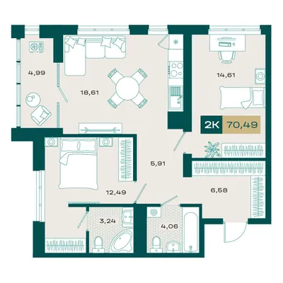План 2-комнатная • 69,3 м² • 15 этаж