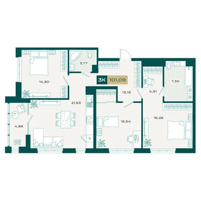 План 3-комнатная • 99,95 м² • 16 этаж