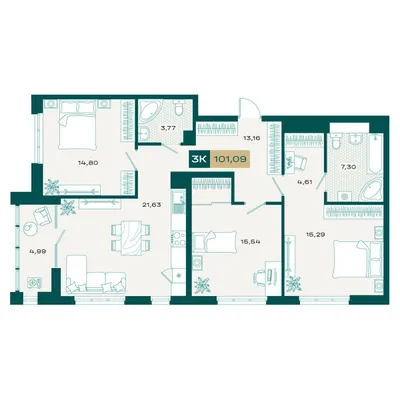 План 3-комнатная • 99,95 м² • 17 этаж