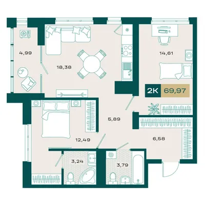План 2-комнатная • 68,78 м² • 19 этаж