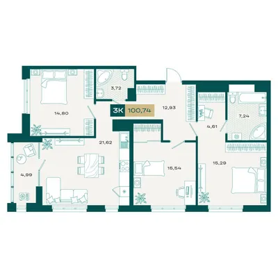 План 3-комнатная • 99,61 м² • 20 этаж