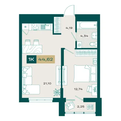 План 1-комнатная • 43,91 м² • 13 этаж