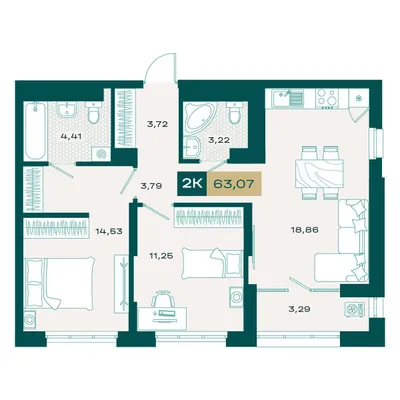План 2-комнатная • 62,45 м² • 4 этаж