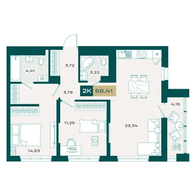 План 2-комнатная • 67,44 м² • 13 этаж