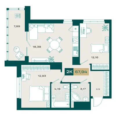 План 2-комнатная • 66,6 м² • 15 этаж