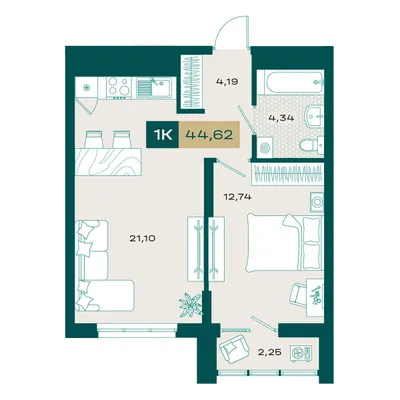 План 1-комнатная • 43,91 м² • 18 этаж