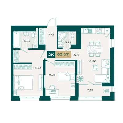План 2-комнатная • 62,45 м² • 5 этаж