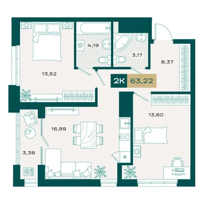 План 2-комнатная • 62,53 м² • 7 этаж