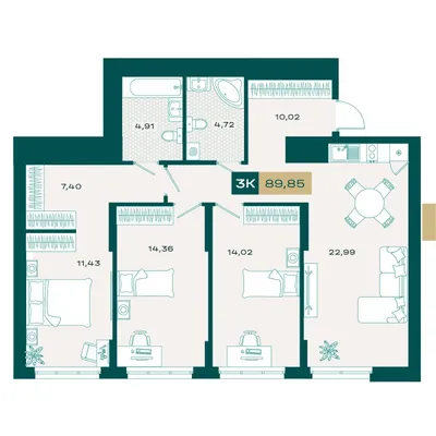 План 3-комнатная • 89,78 м² • 2 этаж