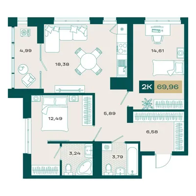 План 2-комнатная • 68,78 м² • 22 этаж