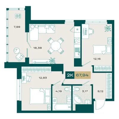 План 2-комнатная • 66,6 м² • 8 этаж