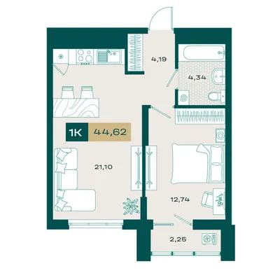 План 1-комнатная • 43,91 м² • 5 этаж