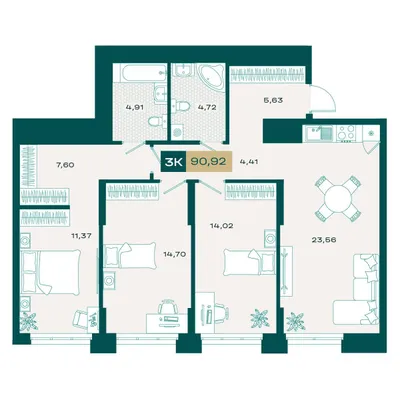 План 3-комнатная • 90,85 м² • 3 этаж