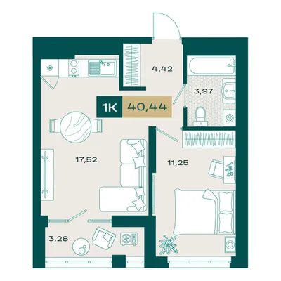 План 1-комнатная • 39,5 м² • 2 этаж