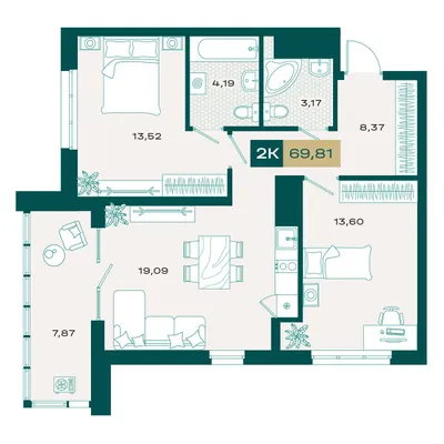 План 2-комнатная • 68,59 м² • 16 этаж
