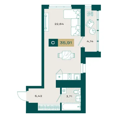 План Студия • 34,99 м² • 11 этаж