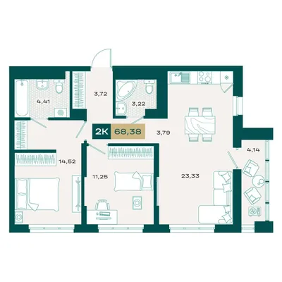 План 2-комнатная • 67,42 м² • 16 этаж