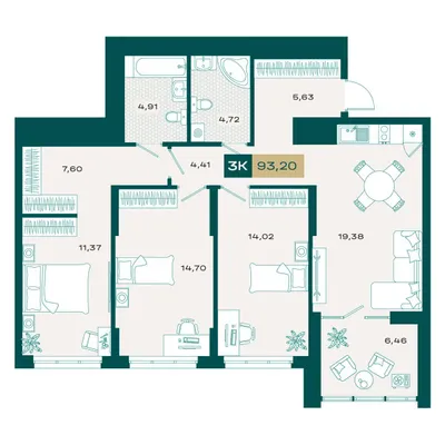 План 3-комнатная • 92,36 м² • 11 этаж
