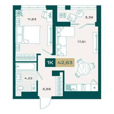 План 1-комнатная • 41,79 м² • 11 этаж