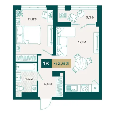 План 1-комнатная • 41,79 м² • 13 этаж